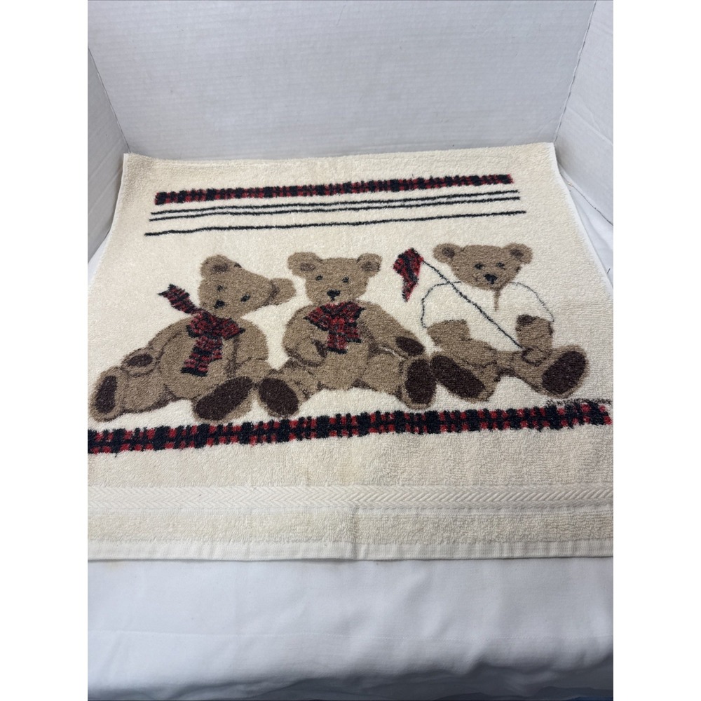 VTG R A Briggs Teddy Bear Bow Bath Towel Country Plaid Christmas Cottagecore